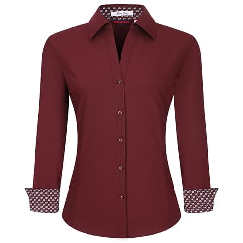 Esabel.C Womens Button Down Shirts Long Sleeve Regular Fit Stretch Work Blouse Burgundy XXL