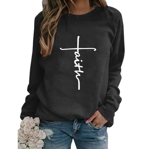 YITAN Faith Women Graphic Cute Oversized Sweaters Funny Pullover Teen Girls Sweatshirts Black Medium