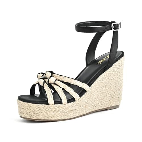 SICARE Open Toe Wedge Sandals for Women Espadrilles Platform Braided Strappy Sandals Comfortable Slip on High Heel Summer Wedges Sandals Dressy Shoes with Adjustable Ankle Strap, Black, Size 6