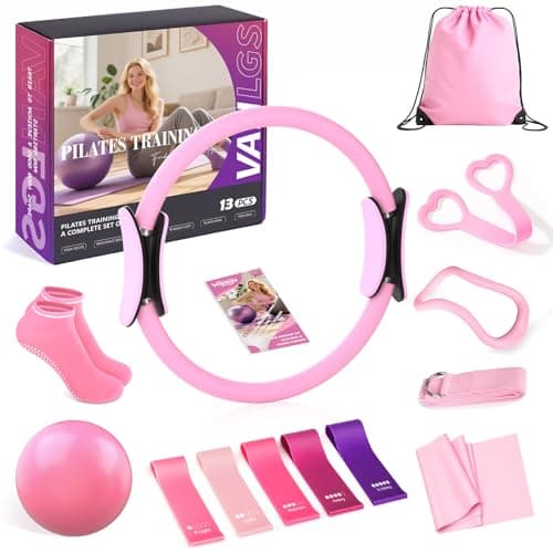 Vanlgs Pilates Kit 13Pcs Home Pilates Essentials Workout Kit with 13" Ring, 10" Ball and Resistance Bands for Women at Home Pilates Equipment Set for Beginners（Pink）