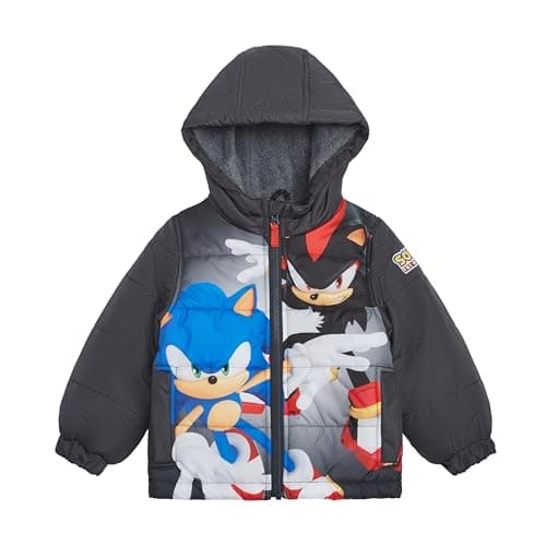 SEGA Sonic the Hedgehog Boys’ Heavyweight Puffer Hooded Bubble Jacket Winter Coat, Grey Sonic and Shadow, 10