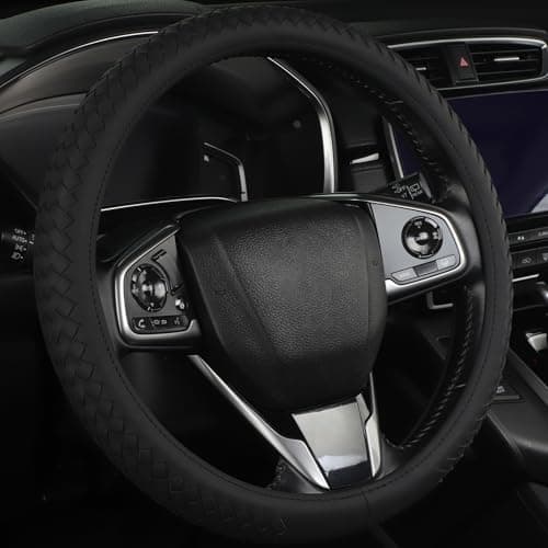 Leather Steering Wheel Cover Men，with Black Woven Pattern Car Accessories ，Anti-Slip, Safety, Soft, Breathable, Adaptable to 14.5-15 inches Steering Wheel Fit SUV， Jeep， Van，Sedan，Car