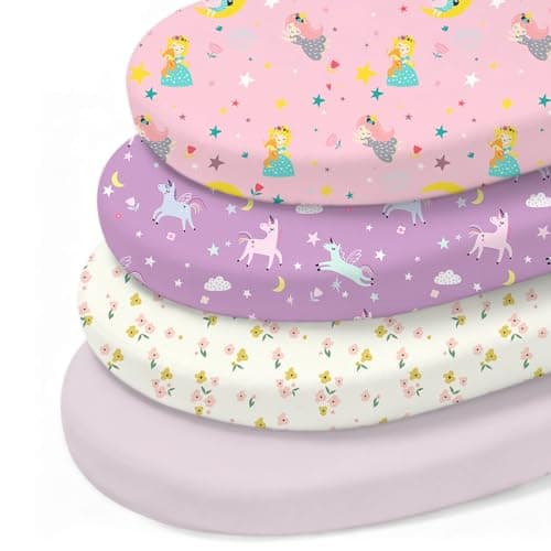 Little Grape Land Bassinet Sheets 4 Pack, 33" x 18" Fitted Bassinet Sheets Up to 4" Deep Pocket, Ultra Soft Baby Bassinet Fitted Sheets for Bassinet Mattress, Unicorn Dreams