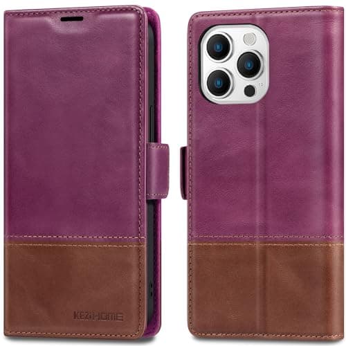KEZiHOME Compatible with iPhone 15 Pro Case, [RFID Blocking] Genuine Leather Wallet Case [Credit Card Holder] [TPU Inner Shell] Shockproof Stand Flip Cover for iPhone 15 Pro 6.1'' (Purple/Brown)