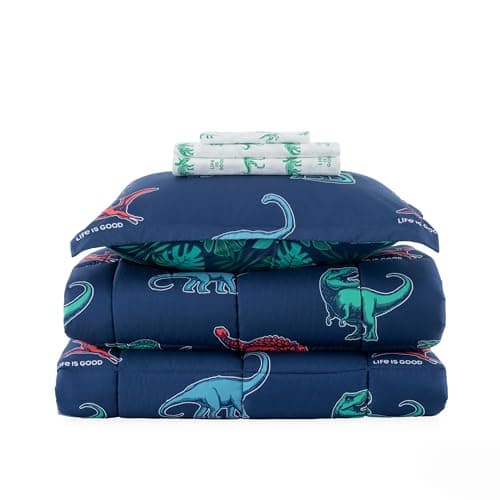 Berkshire LIG Printed Reversible Microfiber Comforter Set–5-Piece, Ultra Soft All-Season Bedding, Wrinkle & Fade Resistant, Twin, Life was Good Dinos Navy