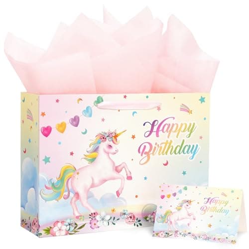 WERNNSAI 13" Large Unicorn Gift Bag for Girls Baby Girl Birthday Bag with Tissue Paper and Card for Kids Pink Unicorn Baby Shower Happy Birthday Theme Party