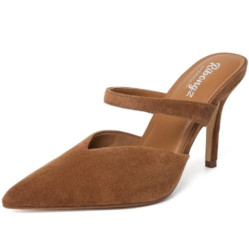 RIBONGZ Brown Slip On Stiletto High Heels for Women Closed Pointed Toe Mule Kitten Herls with Suede Strap Sexy Backless Dress Wedding Party Daily Prom Pump Shoes Size 11