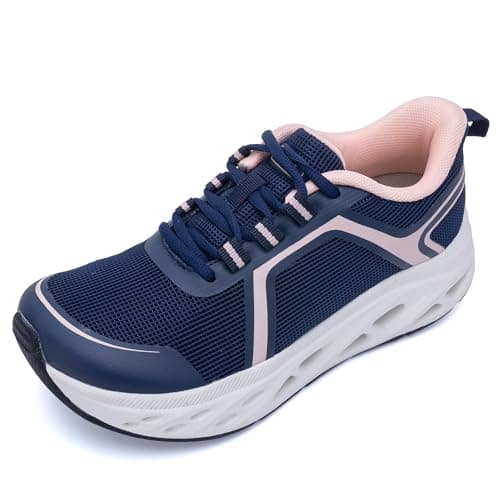 HuJAT Womens Wide Toe Box Walking Shoes Arch Support Plantar Fasciitis Shoes Orthotic Tennis Sneakers for Foot Pain Relief NavyPink US Size 9.5