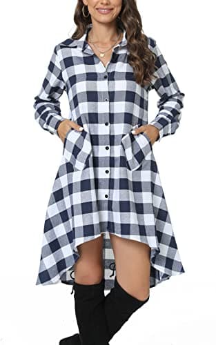 olrain Womens Plaids V Neck Long Sleeve Irregular Hem Casual Shirt Dress (Medium, Blue White)