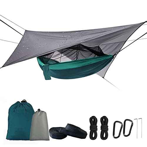 Camping Hammock with Mosquito Net & Rain Fly Tent Tarp & Tree Straps Portable Strong Nylon Hammock Tent w/Storage Bag for Camping Hiking Backyard Outdoor Backpacking Travel