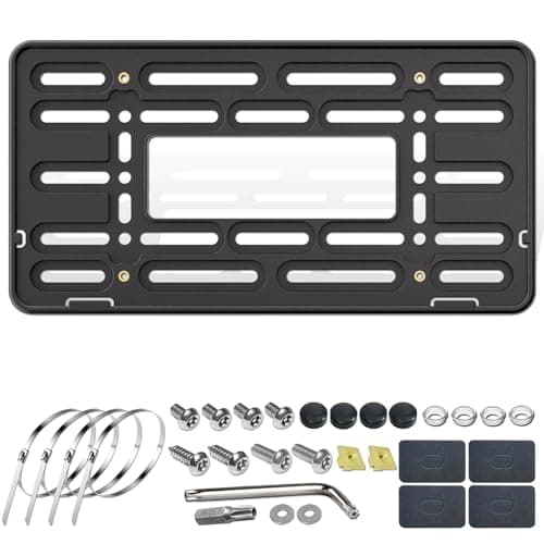 ZXFOOG Front License Plate Bracket with 4 Hook & Full Border, Black ABS Plastic Holder with Stainless Steel Screws and Ties, for 2 Pre-Drilled Holes Bumper Plate Mounting