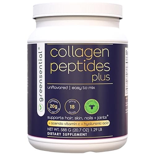 Greensential Collagen Peptides Powder 21oz + Vitamin C & Hyaluronic Acid | 100% Hydrolyzed Grass-Fed | Hair, Skin, Nail & Joint Support | Easy to Mix, Unflavored, 28 Servings