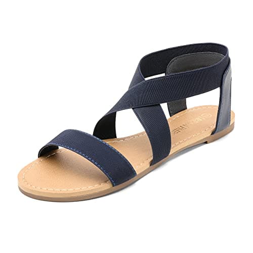 DREAM PAIRS Women's Elastic Ankle Strap Flat Sandals Summer Dressy Shoes Cute Strappy Gladiator Sandals,Size 6,Navy,ELATICA-6
