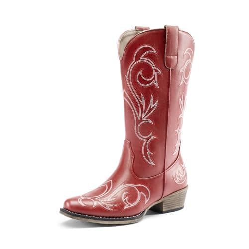DREAM PAIRS Women's Cowboy Boots Mid Calf Cowgirl Boots Square Toe Chunky Heel Embroidery Stitched Western Boots,Size 6,Red,SDMB2403W