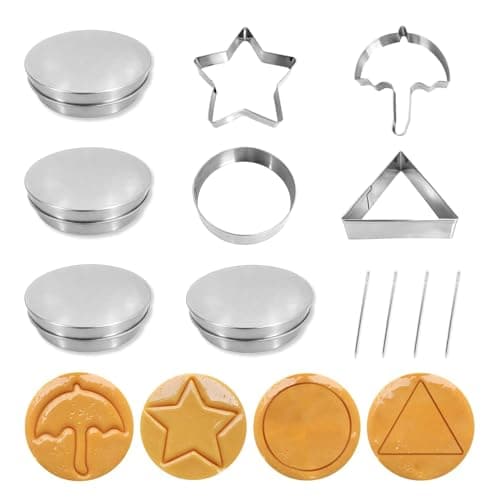 12Pcs Korean Dalgona Candy Mold Set, Stainless Steel Cookie Cutters with Umbrella Star Shapes, for Sugar Honeycomb Biscuit Baking, DIY Party Favors in Gift Tin Box