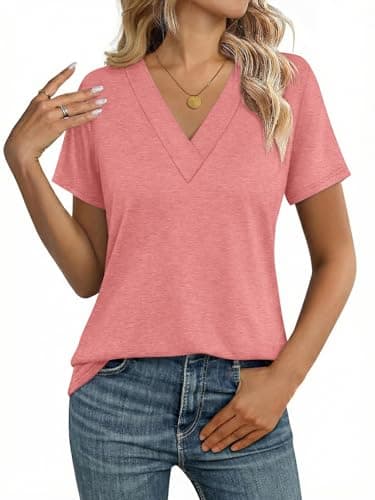 TICTICMISS Womens Short Sleeve Shirts V Neck Summer Tops Basic Tees Coral