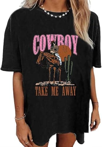 Wudlads Wild West Cowboy T Shirt Women Vintage Rodeo Shirts Cowboy Graphic Tee Oversized Country Music Short Sleeve Tops(Black-3,XX-Large)