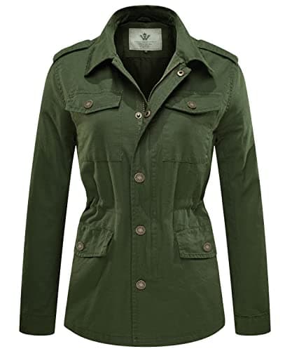 WenVen Women's Fall Twill Cotton Cargo Barn Military Jacket, Army Green L