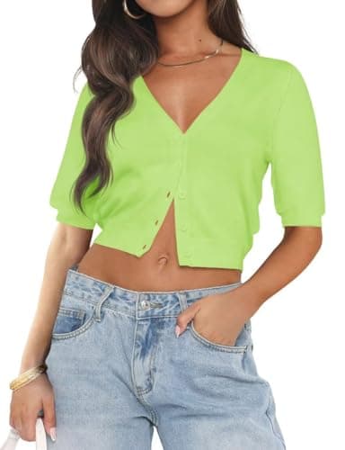 LEEDYA Women's Deep V Neck Shirts Knit Sweater Work Office Fitted Summer Tops Short Sleeve Button Down Tshirt Cardigan Trendy Clothes Green M