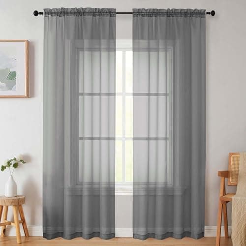 WelvetBLK Sheer Grey Curtains for Bedroom Living Room 90 Inches Long 2 Panels Set, Soft Airy Light Filtering Sheer Window Treatments, Modern Rod Pocket Curtains Drapes, Each 42" Wx90 L Inch