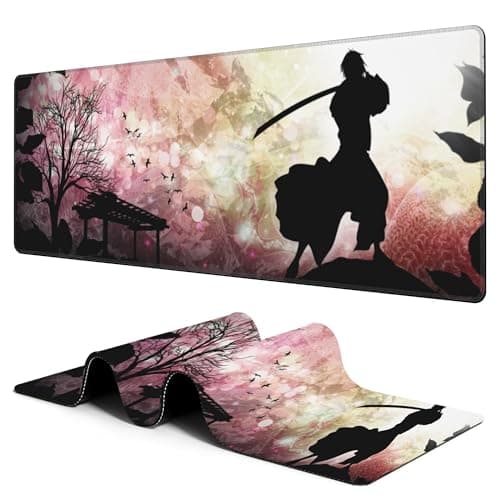 Large Gaming Mouse Pad for Desk Japanese Warrior Big Desk Mat Extended Mousepad with Stitched Edge and Non-Slip Base Long Computer Keyboard Mouse Mat for Home Office Work, 11.8 x 31.5 Inch