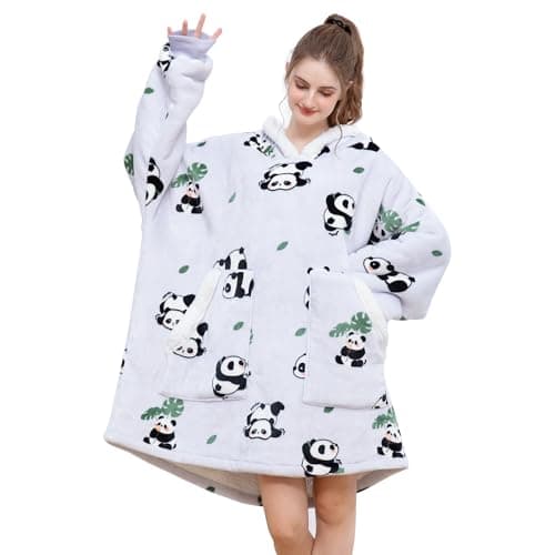 Kipswiaza Panda Print Wearable Blanket Hoodie - Oversized Sherpa Fleece Hooded Blankets Sweatshirt, Cozy Gift for Women, Men, Teens (Light Grey)