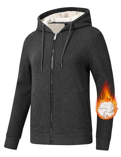 MoFiz Womens Fleece Zip Up Hoodie Warm Winter Fleece Full Zip Up Jacket Casual Hooded Sweatshirts With Zip Pocket Black Gray X-Large