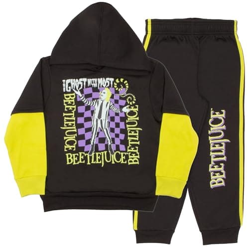 WARNER BROS Beetlejuice Boys Matching Sets Pullover Hoodie and Pants Fleece Set for Boys 2 Piece Bundle with Graphic Print Sweatpants Set for Kids (Black and Neon Size 7)