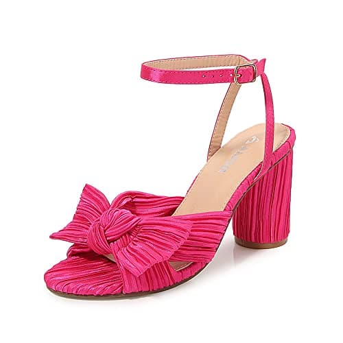 Amoji Women's Block 3.7''Heeled Sandal Bowknot Pleated Low Chunky Heels Ankle Strap Wedding Party Dressing Dress Shoes 302 Fuchsia Size 9.5 women