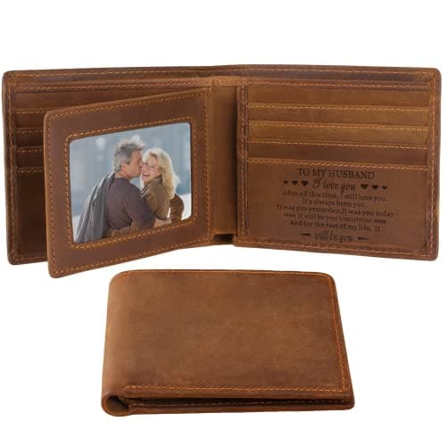awofer Personalized Pocket Bifold Leather Wallet, Custom Engraved Men's Wallet for Men Husband, Lover, Best Present for Anniversary, Birthday, Valentine, Christmas.