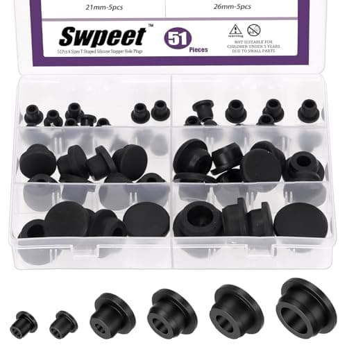 Swpeet 51Pcs 6 Sizes 8.3/10/15/19/21/26mm Silicone Rubber Hole Plug Kit, T-Shaped Rubber Stopper, Waterproof Snap-On Bottle Seal, Black