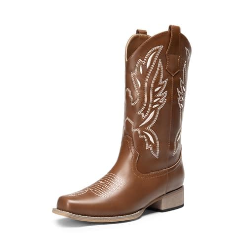 DREAM PAIRS Women's Square Toe Cowboy Cowgirl Boots Pull On Low Chunky Heel Mid Calf Western Boots with Embroidered Stitched for Theme Party Country Concert,Size 6.5,Brown-1,SDMB2220W