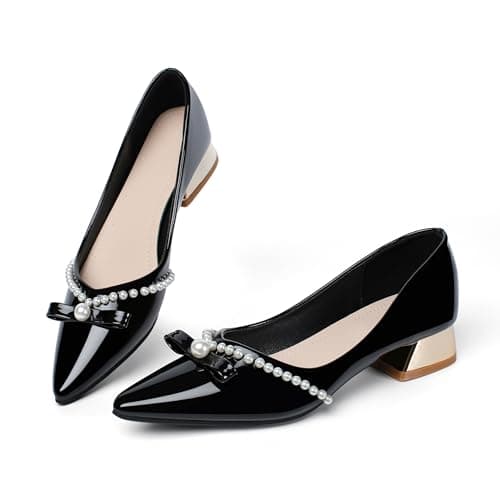 Danglianying Womens Low Heel Comfortable Pearl Dress Wedding Shoes for Office Work Pumps 513 Black Size 7