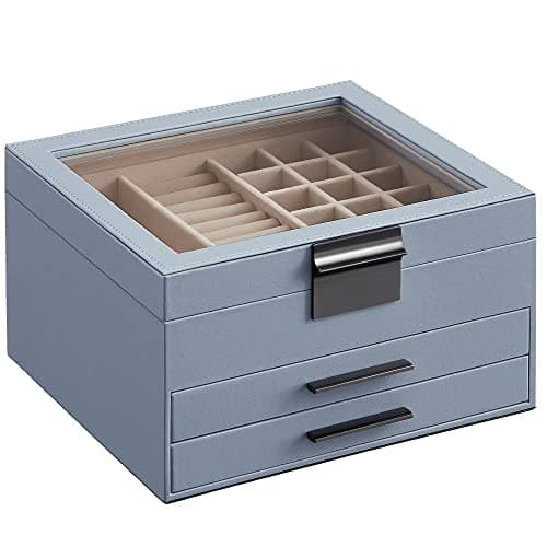 SONGMICS GISELLA Collection - Jewelry Box Organizer, 3-Layer Jewelry Storage with 2 Drawers, Shiny Metal Hardware, Glass Lid, Modern, 8 x 9.1 x 5.3 Inches, Smoky Blue and Silver Color UJBC239BU