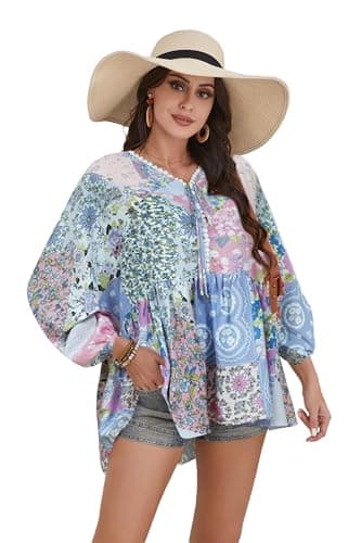 HECCPLI Women Boho V-Neck 3/4 Sleeves Tunic Top Relaxed Fit Casual Print Blouse