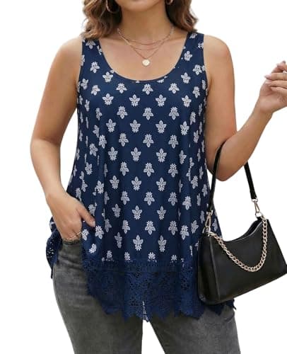 XiaoMaAnJi Womens Plus Size Tank Tops Flowy Lace Shirt, Ethnic Printed,1X