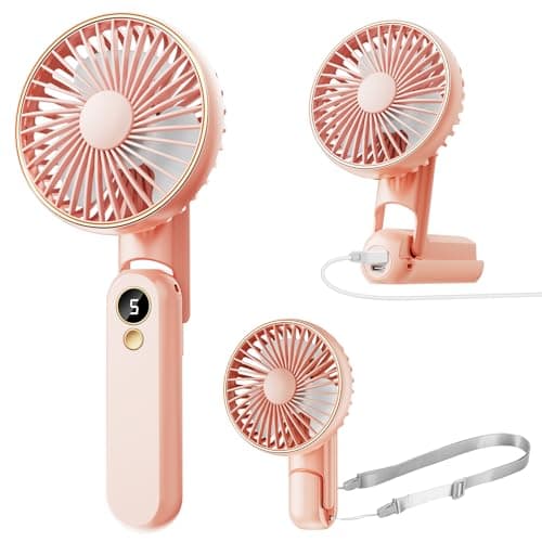 Dhenrio Portable Handheld Fan, [Up to 15 Working Hours],180° Foldable Personal Fan, USB Rechargeable Mini Hand Fans for Travel/Summer/Outdoor/Office, 5 Speeds Adjustable, LED Display, Pink