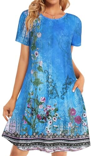 elescat Summer Dress Women Casual Short Sleeve Scoop Neck Tshirt Loose Sundresses with Pockets (DeepSkyBlue Boho, S)
