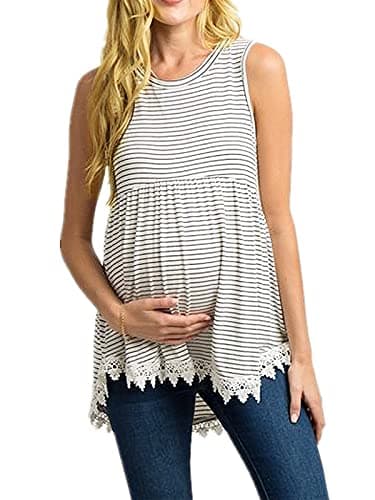 Xpenyo Womens Maternity Tank Top Sleeveless Lace Crochet Trim Peplum Cami Shirts White Pinstripe S