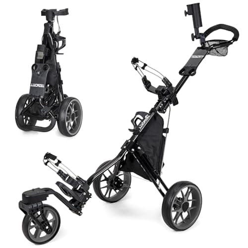 Tedycatt 360 Golf Push Cart: Lightweight Folding Swivel 3 Wheels Golf Caddy with Foot Brake, Cooler Bag, Drink& Umbrella Holder, Black Frame Gray Wheels