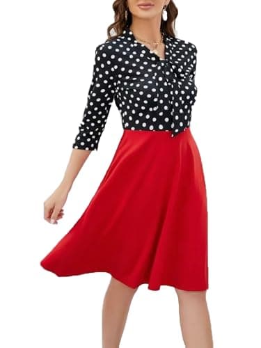 oxiuly Women's Vintage Bow Tie V-Neck Pockets Casual Work Party Cocktail Swing A-line Dresses OX278 (S, Red PT7)
