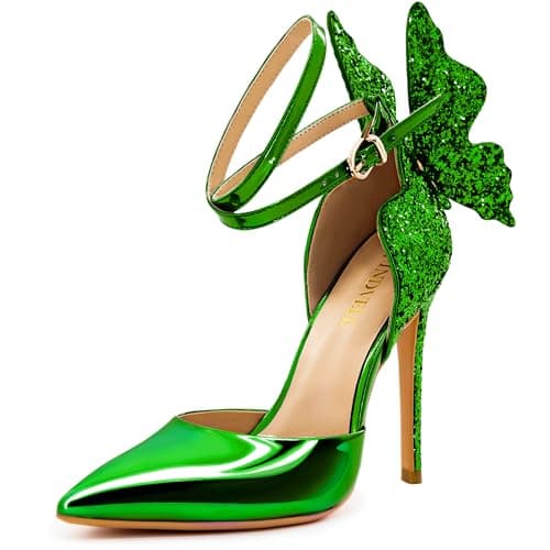 FINDVELL Green High Heels Butterfly Back Sexy Stiletto Pumps Closed Toe Sparkly Ankle Strap Heels Sandals Dress Shoes for Women Size 6.5