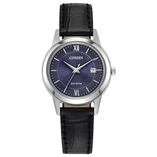 Citizen Ladies' Eco-Drive Classic Leather Strap Watch with 3-Hand Date, Black Strap/Silver/Blue Dial