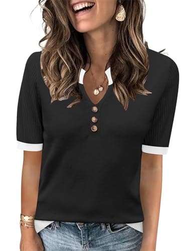 LOMON Pullover Sweaters for Women Short Sleeve V Neck Knit Tops V Neck Business Casual Outfits Black Color Block S
