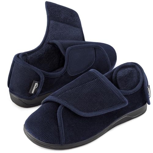 HomeTop Men's Corduroy Slippers Comfy Adjustable Hook and Loop Memory Foam Wide Indoor House Shoes Navy,10 US