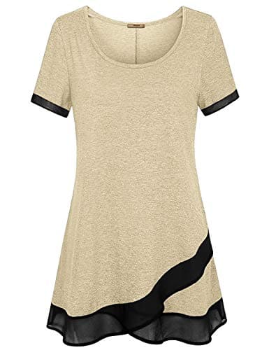 Miusey Womens Tunics,Female Plus Size Casual Loose Short Sleeve Dressy Summer Clothes Asymmetrical Lady Elegant Flare Tunic Chic Solid Leisure Wear Basic Crossover Tops Beige Xl