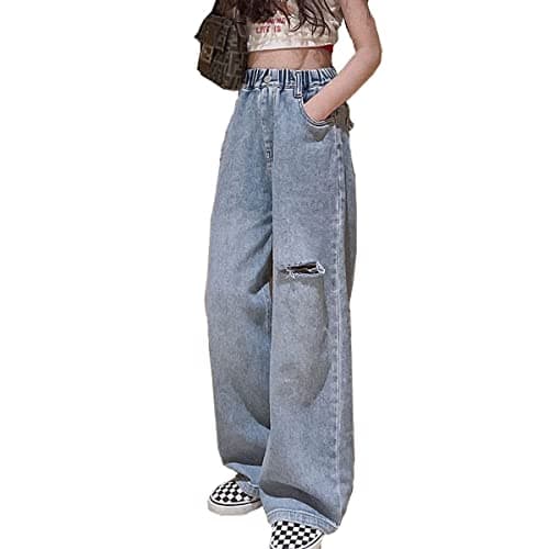 YaYabroe Kids Girls Ripped Distressed Washed Baggy Wide Leg Casual Jeans Size 5-14 yrs (8-9 Years, Blue)
