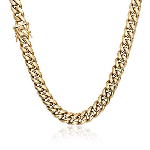 GOLD IDEA JEWELRY Hip Hop 14K Cuban Link Chain 5 Times Real Gold Plated Heavy Solid 8mm-18mm Miami Cuban Link Chain Stainless Steel Necklace or Bracelet for Men (24, 8mm)