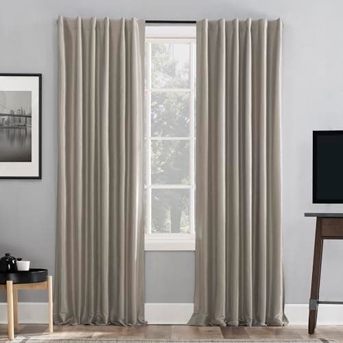 Sun Zero Greyson Faux Dupioni Silk Thermal Extreme Total Blackout Back Tab Curtain Panel, 50" x 84", Stone Beige