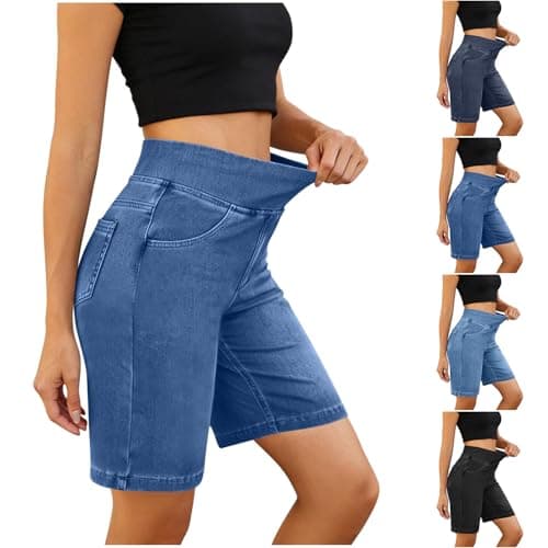 Denim Bermuda Shorts for Women,Bermuda Jean Shorts Women High Waisted Tummy Control Stretchy Pull On Denim Shorts Knee Length Jorts with Pockets